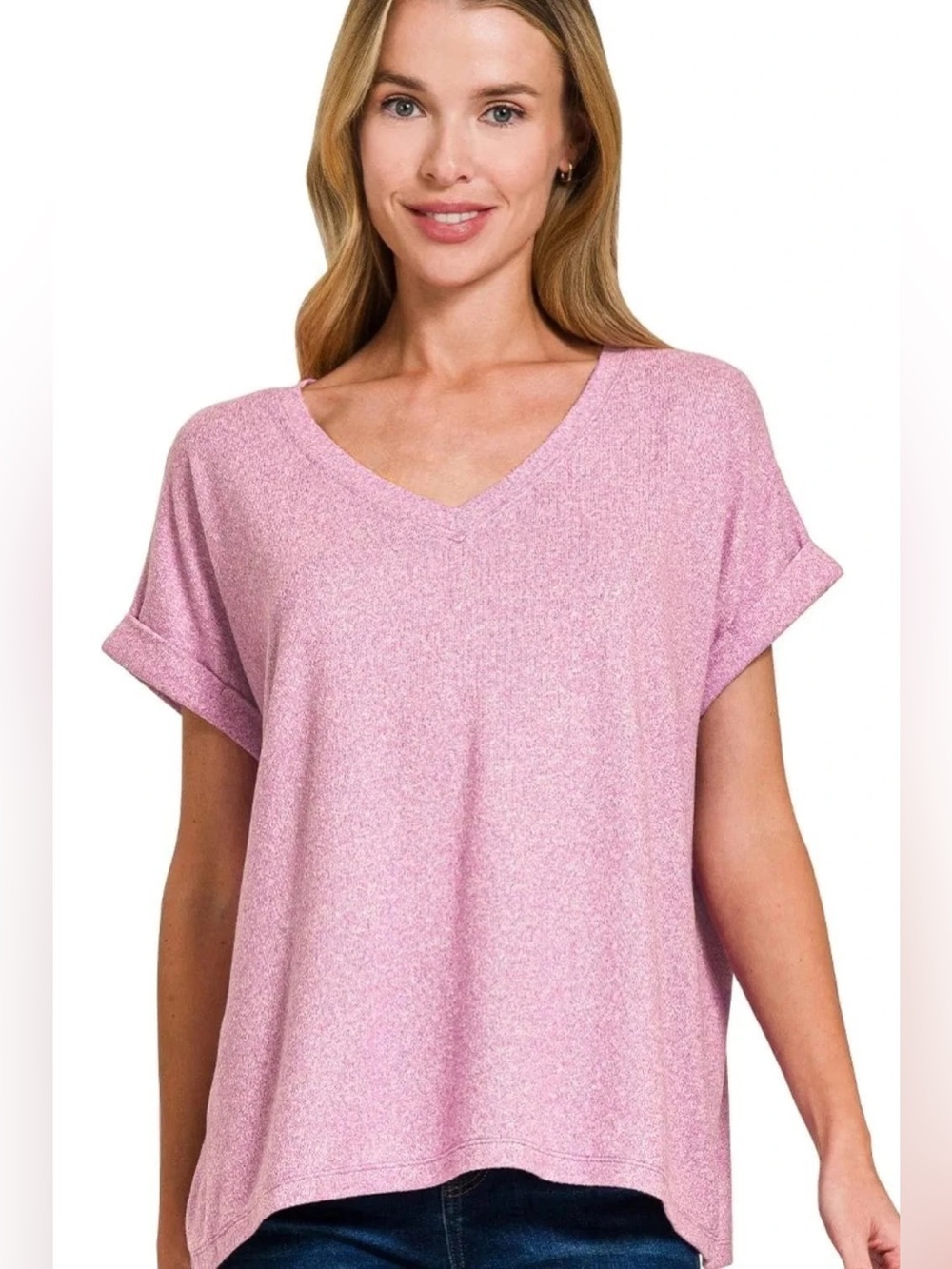 Zenana Soft Melange Hacci V-neck Tee oversized size small NWT